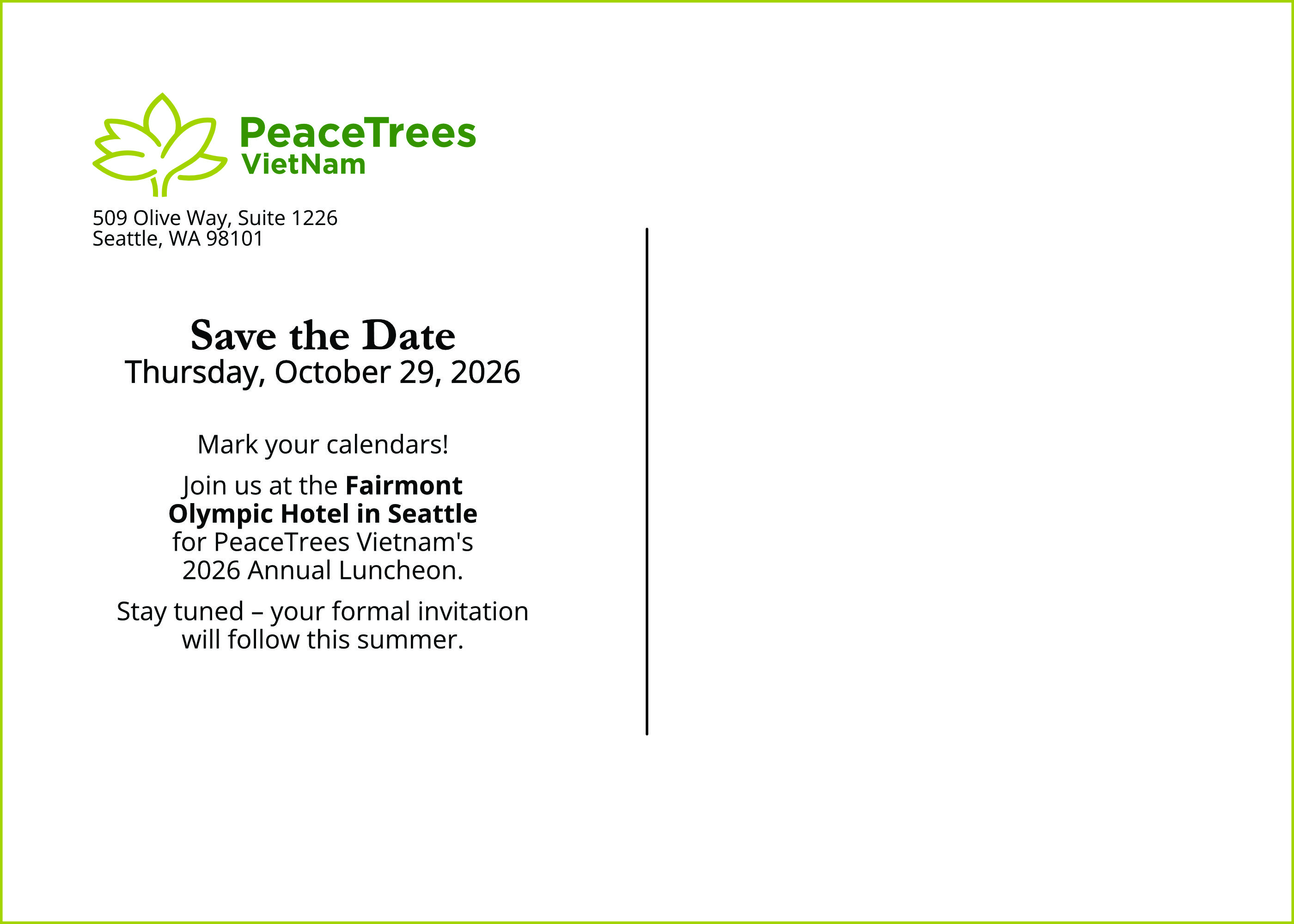 Back of postcard, featuring a short blurb on the Luncheon event
